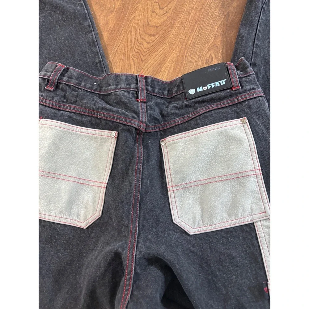 MOFFATT Mens Black Washed Denim Jeans‎ Red Stitching Leather Pocket Detail